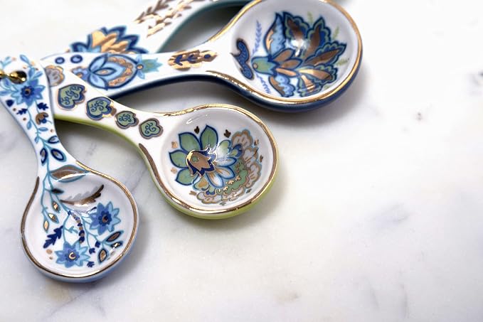Mary DiSomma’s Ceramic Measuring Spoons (Set of 4) | Unique Signature Floral Print Design for each, Gold Overlay, Teal, Blue, Robin’s Egg Blue, Lime Green, Metallic Gold Chain, Boxed gift set - Image 5