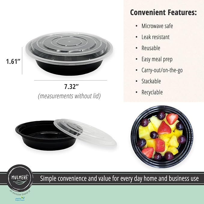 MULMEHË Plastic Meal Prep Take-Out Container and Lid Combo, 24 oz, Microwaveable, Round, Black, 7x1.5”, Set of 150 - Image 2