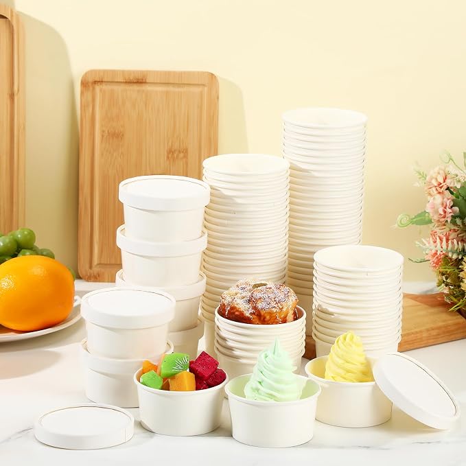 Fulmoon 100 Pack Paper Soup Containers with Lids Disposable Paper Food Containers with Vented Lid Kraft Ice Cream Cake Dessert Cups Soup Bowl for Party Hot Food Fruit Microwave(4 oz,White) - Image 4