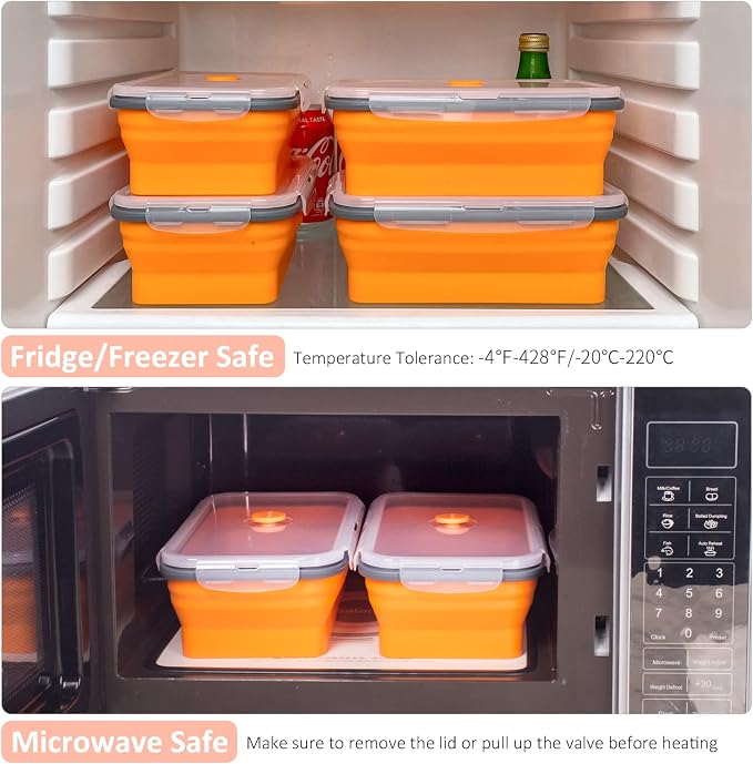 Collapsible Food Storage Containers with Airtight Lid & Vent, 40.5 oz, Kitchen Stacking Silicone Collapsible Meal Prep Container Set for Leftover, Microwave Freezer Dishwasher Safe, Orange, Set of 4 - Image 6