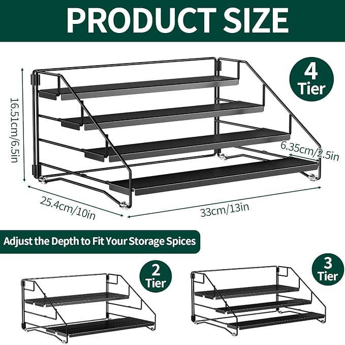 4 Tier Spice Rack Standing, Adjustable Metal Spice Rack No Drilling Spice Rack Organiser Black Spice Racks for Kitchen Cabinet Bathroom Worktop (2/3/4 Levels) - Image 2