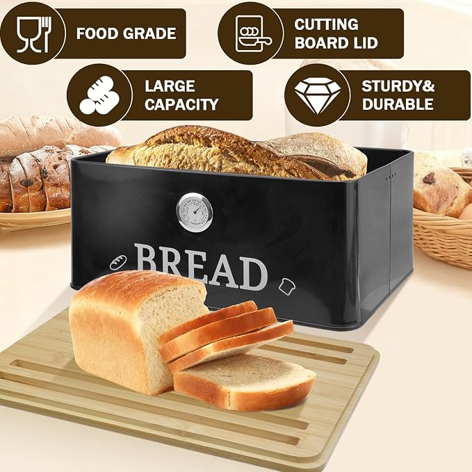 Black Bread Box for Kitchen Countertop with Bamboo lid, Hygrometer Kitchen Organizer for Sourdough, Buns, and Loaves, Bread Storage Container with Cutting Board Lid - Image 4