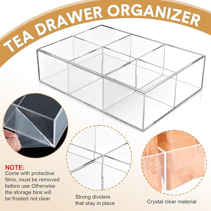 Maitys 4 Pcs Acrylic Tea Bag Organizer Divided Storage with 6 Compartments Clear Acrylic Stash Box Condiment Holder Pantry Organizer for Snacks Coffee Sugar Tea Bar Accessories - Image 3