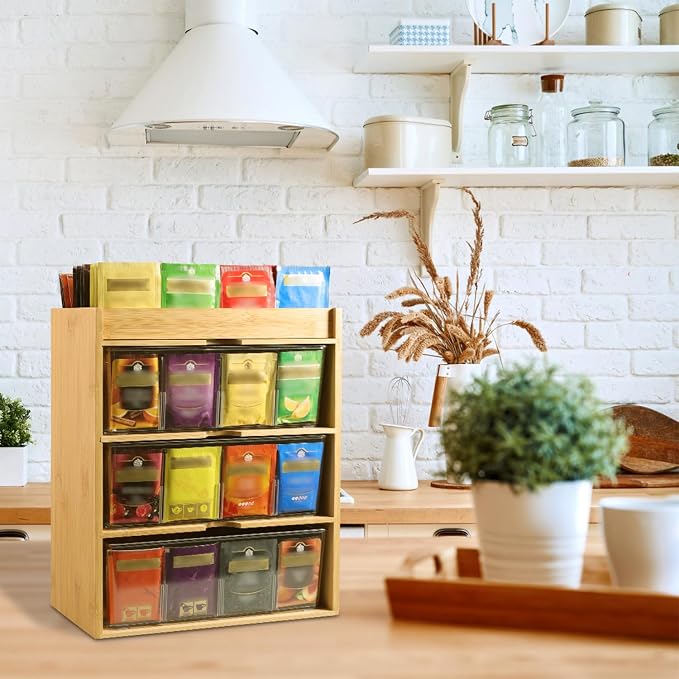 TIMIEEYA Tea Bag Organizer - Bamboo Tea Storage With Drawer 3 Layer, Organizer for Tea Bags Natural Wood & Acrylic for Countertop Office Kitchen Cabinet Pantry - Image 5
