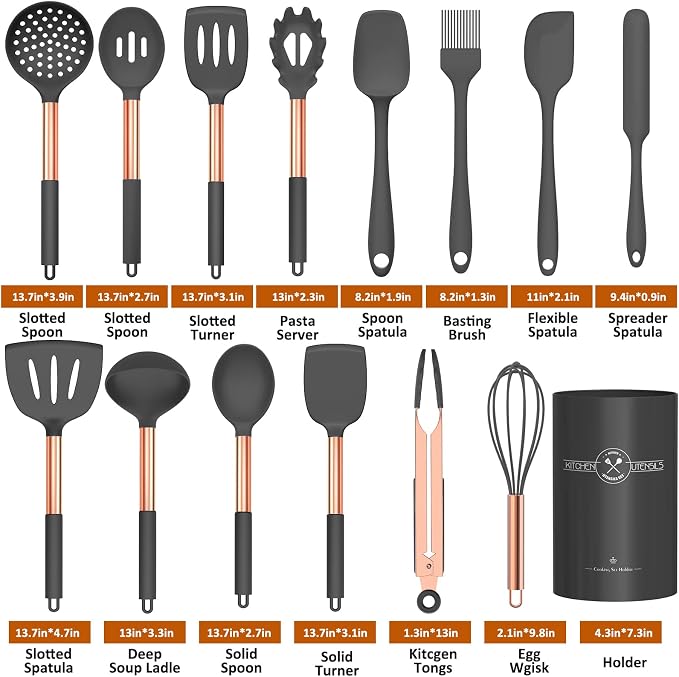 Silicone Cooking Utensil Set, Umite Chef Kitchen Utensils 15pcs Cooking Utensils Set Non-stick Silicone Rose Gold Handle Cooking Tools Whisk Kitchen Tools Set -Grey - Image 2