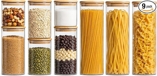 Airtight Glass Storage Containers with Lids Set, 9 Pack Pantry and Pasta Storage Containers 25/37/51/78oz, Square Kitchen Canister Set for Flour Sugar Rice, Cereal Beans Oats Spaghetti Pasta by Snaiio