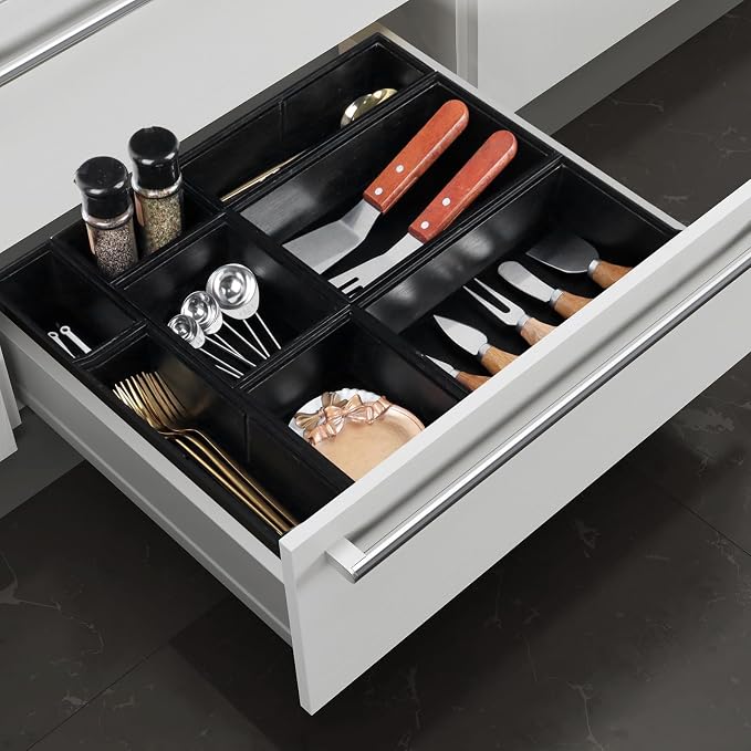 Bamboo Drawer Organizer Set, 8 PCS Black Multi-Use Drawer Storage Boxes, Junk Drawer Organizer Divider Bins for Bathroom, Kitchen, Office Desk, Makeup, Jewelry, Utensils - Image 5