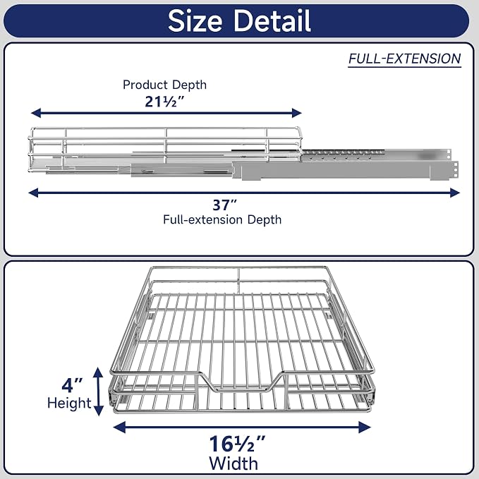 Pull Out Cabinet Organizer, 16.5" W x 21.5" D, Heavy Duty Chrome Slide Out Shelf for Base Cabinets, Sliding Wire Basket Drawer for Pantry Items, Bowls, Containers & Cleaning Supplies - Image 2