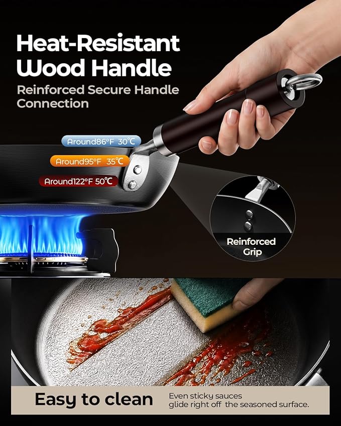 12 Inch Auto-Seasoning Large Carbon Steel Skillet, Pre-Seasoned Deep Nitrided Carbon Steel Pan for Family Size Meals and Professional Searing, Wooden Handle, PFAS & PFOA-Free - Image 7