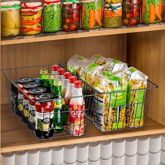 SANNO Freezer Baskets Wire Storage Baskets Closet Baskets Bin Farmhouse Organizer Storage Bins Large Organizer Bins for Home, Office, Bathroom, Pantry Organization Storage -Black Set of 2, 15.7" - Image 2