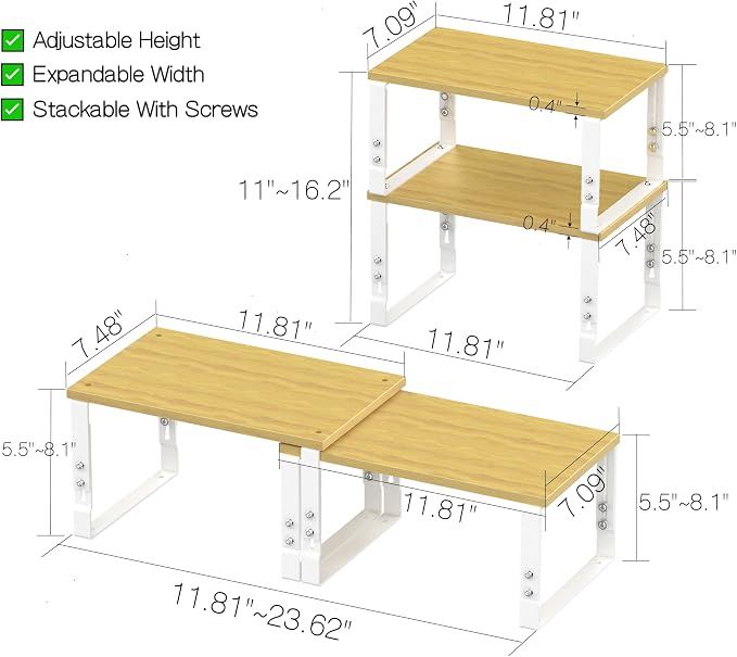 Adjustable Storage Shelves for Kitchen Cabinet Organization - Set of 2 Stackable Metal & Solid Wood Racks, Space-Saving Design for Countertop/Pantry/Garage, Easy Assembly(1 Pack/Medium/White) - Image 3