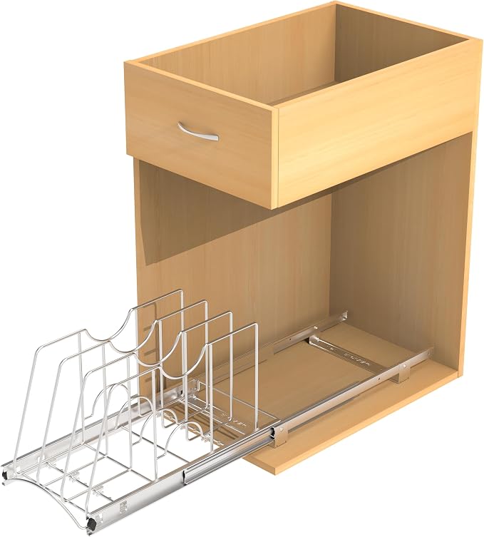 Pull Out Cookie Sheet Organizer, 10" W x 22" D x 11" H, Chrome | For Cabinet, Pan and Pot, Cutting Board, Bakeware, Tray Organizer Rack, Sliding Rack- Heavy Duty, Adjustable Divider Width - Image 9