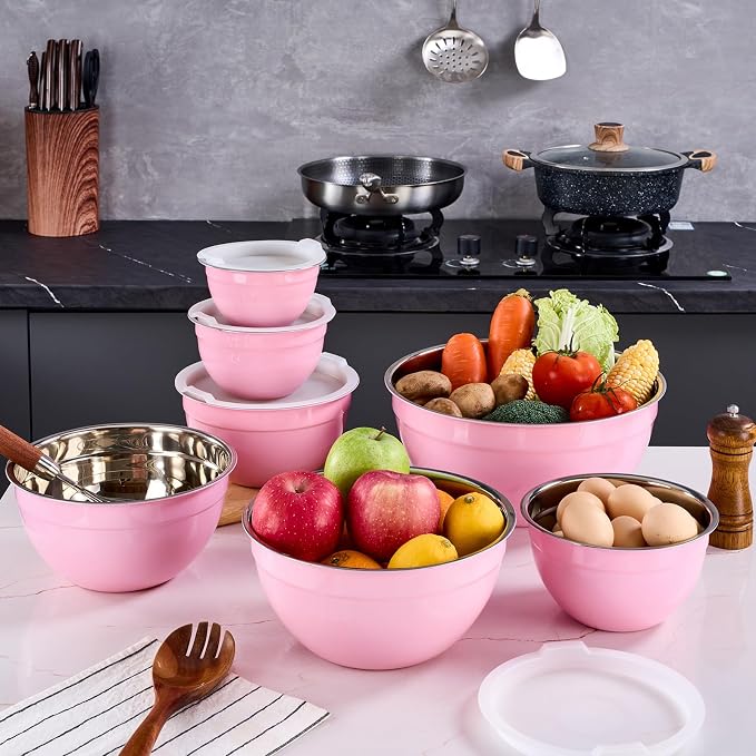 Pink Mixing Bowls With Airtight Lids,Stainless Steel Bowl,Salad Bowls 7 Piece Colorful Nesting Bowl Pink Kitchen Accessories,Size 7,3.6,2.7,2.1,1.5,1.1,0.8QT Stackable Design - Image 7