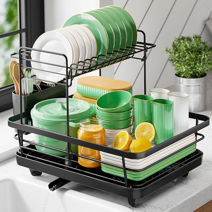 Kitsure Dish Drying Rack for Kitchen Counter, 12''W x 15.5''L, 2-Tiers | Stainless Steel Sink Organization, Cutlery Holder, Home and Appartment Decor Black by Kitsure