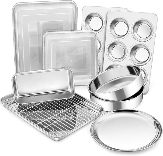 P&P CHEF 12-Piece Bakeware Set, Stainless Steel Baking Pans Set for Cooking | Non-toxic & Easy Clean, Includes Baking Sheet with Rack, Cake, Lasagna, Loaf, Muffin, Pizza Pan & 2 Covers, Oven Safe by PPCHEF