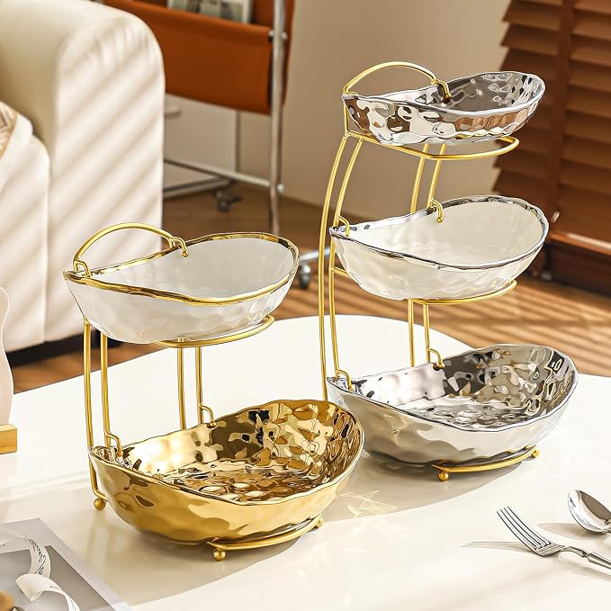 XUDREZ 2 Tier/ 3 Tier Fruit Bowl with Metal Stand for Kitchen Counter, Ceramic Gold Silver White, Portable Tiered Fruit Basket Fruit Rack for Nuts, Snacks, Bread, Candy Storage (Silver B, 3 Tier) - Image 5