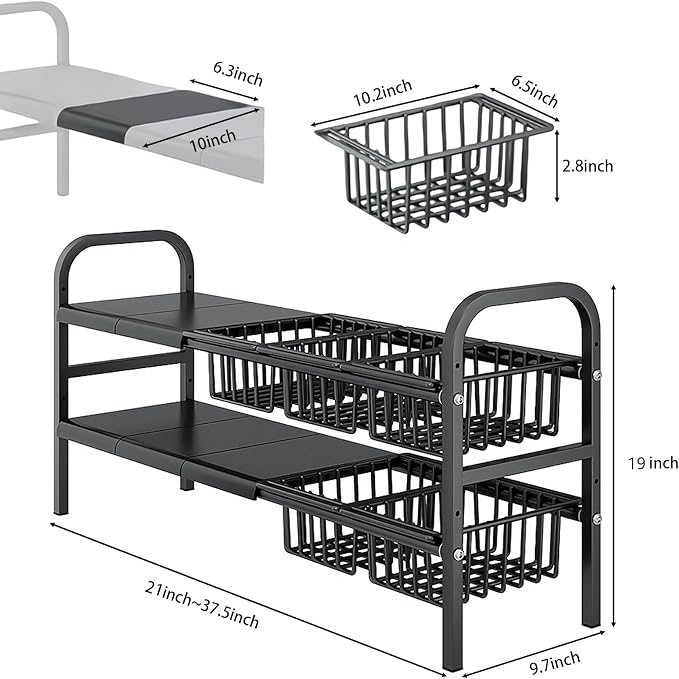 Under Sink Organizer，2 Tier Expandable Heavy Duty Metal Shelf，with 5 Removable Panels and 5 Storage Basket for Under Kitchen Bathroom Sink Organizers and Storage(X-Large,Black) - Image 2