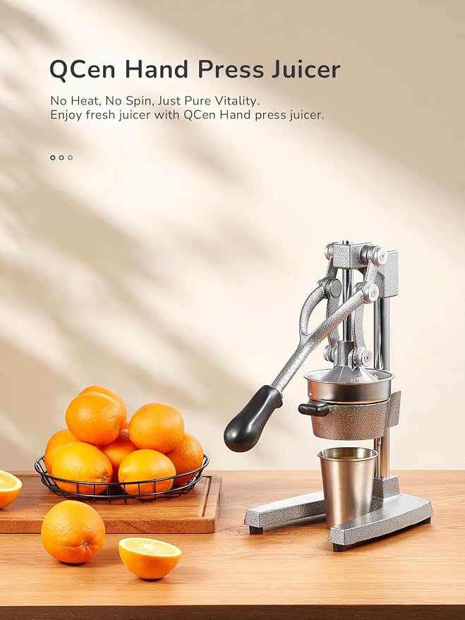 QCen Manual Citrus Juicer Cast Iron Heavy Duty Orange Press | Stainless Steel Strainer, Hand Squeezer, Easy To Clean, For Orange, Lemon, Lime And Grapefruit, Silver - Image 5