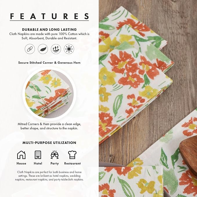 Floral Cotton Cloth Napkins Set of 4, 18 x 18 Inch Reusable Washable Dinner Napkins, Printed Fabric Table Napkins for Dining, Parties, Holidays & Everyday Use - Image 9
