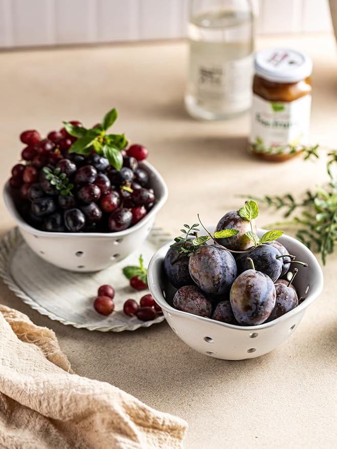 Gomakren Ceramic Berry Basket Set of 2, Rustic Fruit Basket Container 6 Inch, Fruit Bowl with Holes for Kitchen, Berries, Strawberry, Grape, Cherry, Floral Shape - Cream White - Image 9