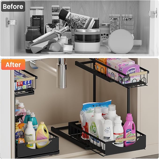 Under Sink Organizer and Storage 2 Tier Cabinet Pull Out Shelf Organizers | 2 Pack 2 Tier under sink storage for Bathroom and Kitchen Slide Out Drawer Organization for Home Cabinets Shelves and Drawers - Image 2