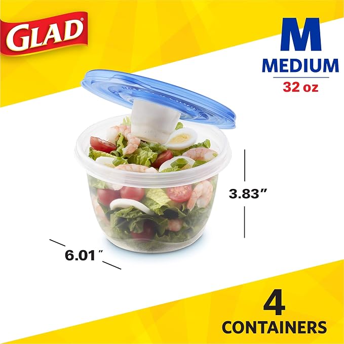 Glad GladWare To Go Lunch Food Storage Containers with Lids, Medium Round No BPA Plastic with Built-In Dressing Cup for Salads and Lunches, Microwave Dishwasher Safe, 32 Oz, 4 Count - 6 Pack - Image 2