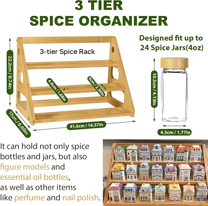 Spice Rack, Tiered Spice Rack Organization for Cabinet Holds 24 Spice Jars | 3 Tier Bamboo Display Spice Shelf for Countertop - Image 2