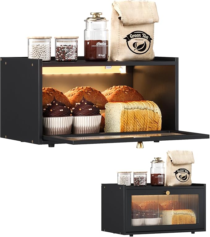 Trironsun Bamboo Bread Box with Led Light for Kitchen Counter Large Capacity Bread Storage Container Kitchen Countertop Organizer with Window Bread Holder (Black) by TrironsunHome