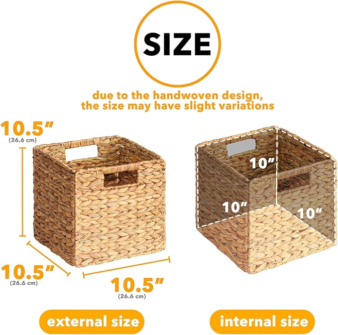 SpaceAid 6 Pack Wicker Basket, Storage Baskets for Organizing, Woven Rattan Basket with Handles for Shelves, Water Hyacinth Large Cube Organizer Storage Bin, 10.5x10.5x10.5 inch, Natural - Image 3
