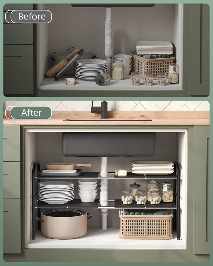 Under Sink Organizers and Storage,Expandable under cabinet organizer Shelf | 2 tier expandable shelf for kitchen and bathroom,shoe rack,8 Removable ABS Panels,Adjustable partition height,20.6-32.2" W - Image 7