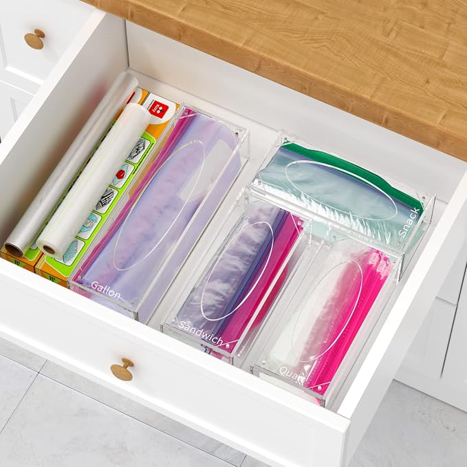 FEMELI Food Bag Storage Organizer Acrylic Kitchen Drawer Baggie Box Clear | 4 Separate Pack Compatible with Gallon, Slider Quart, Freezer, Sandwich, Snack, Variety Size Bags - Image 4