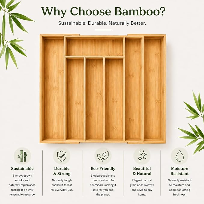 MASS DYNAMIC Bamboo Expandable Cutlery Tray (7 Compartments (4S & 3L)) - Image 2
