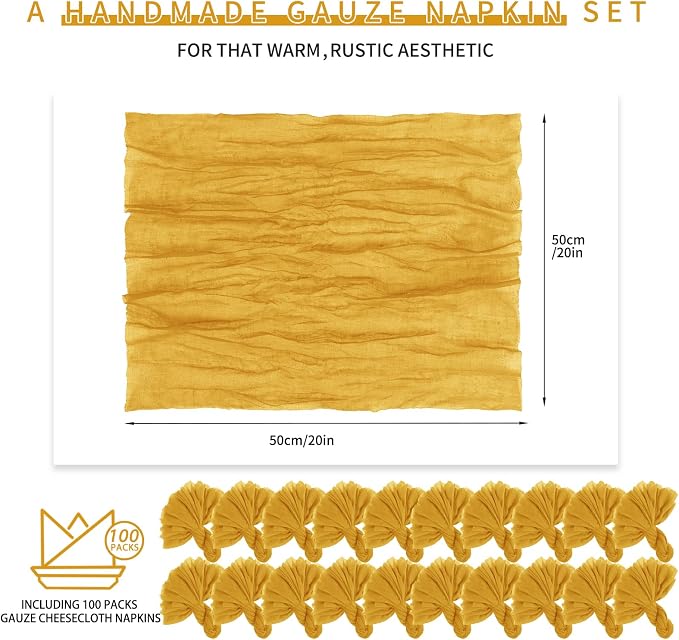 Teruntrue 100 Pack Gold Cloth Napkins Cheesecloth Napkins Set of 100 Gauze Napkins Bulk Washable Boho Dinner Table Napkins Wedding Party Baby Shower Birthday Party Decorations，20 x 20 Inch - Image 2