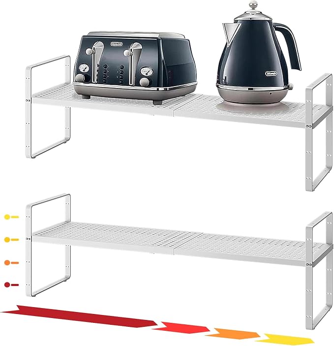 16.5~27.1" Expandable Shelf with Hole，2Pack 8.1" Wide Stackable Cabinet Shelves，White by Unknown