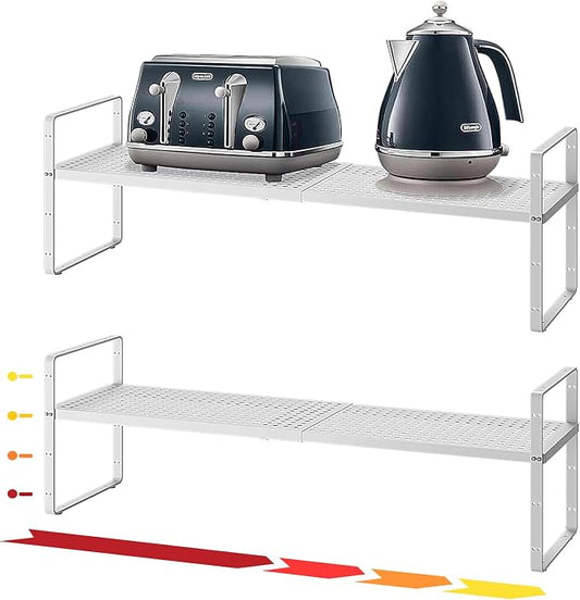 16.5~27.1" Expandable Shelf with Hole，2Pack 8.1" Wide Stackable Cabinet Shelves，White by Unknown