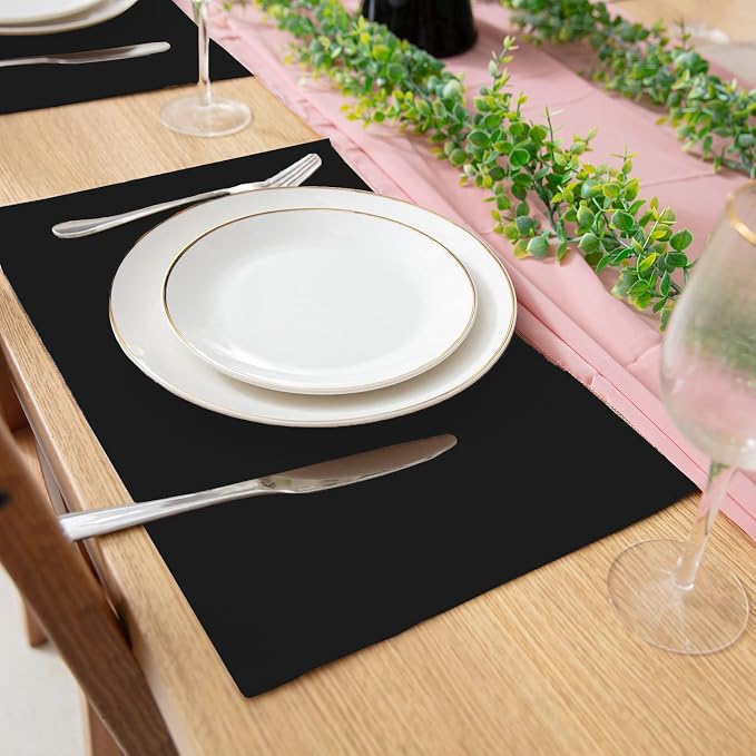 Cloth Placemats Set of 8, Linen Type Fabric Placemats Machine Washable Heat Resistant Placemats Wrinkle Free Thick Polyester Kitchen Place Mats for Dining Table (Black) - Image 2