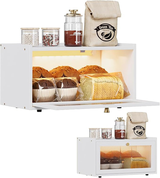 Trironsun Bamboo Bread Box with Led Light for Kitchen Counter Large Capacity Bread Storage Container Kitchen Countertop Organizer with Window Bread Holder (Whiite) by TrironsunHome