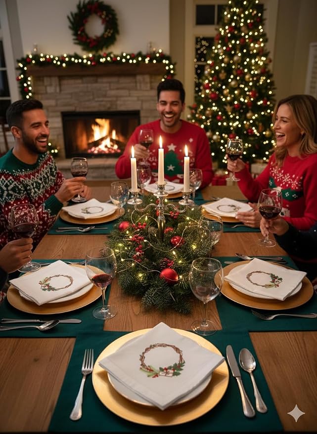 – Embroidered Cloth Napkin Holly Christmas Wreath & Gift Box Cotton Napkins Set of 6, 20 x 20”, Hemstitch Table Napkins, Machine Washable, Daily & Holidays, Great Gift Ideas - Image 6