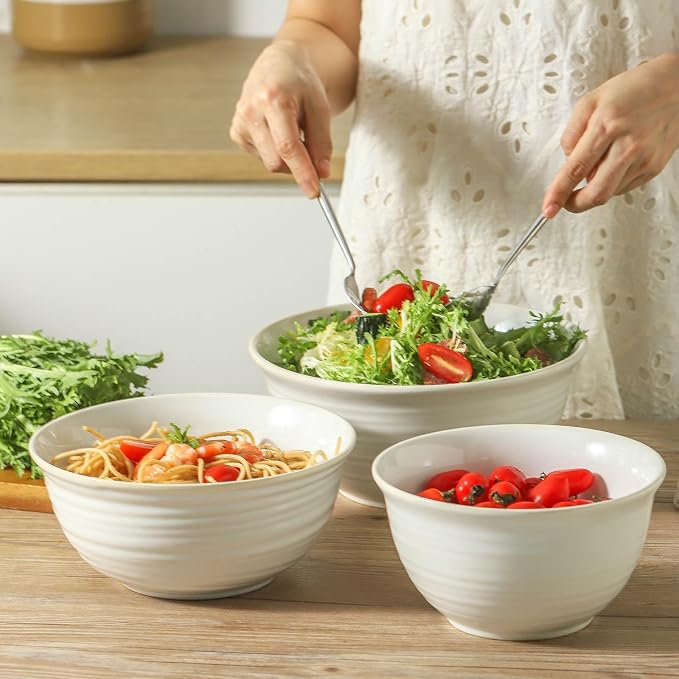 HASENSE Ceramic Mixing Bowls Set, 2.1/1.0/0.5 Qt, Handmade Salad Serving Bowls for Kitchen, Deep Nesting Dishes for Storage and Baking, Microwave Dishwasher Safe, Clay-Infused White - Image 7