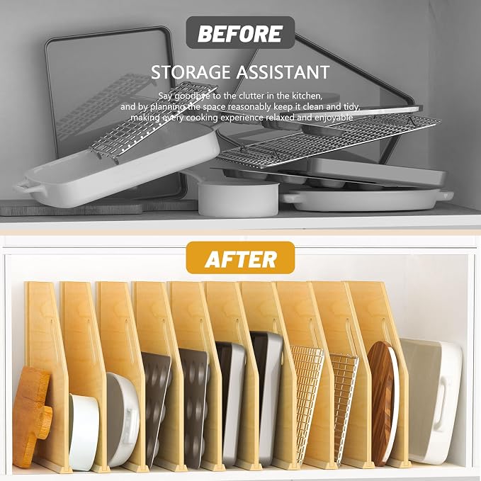 10 Pack Wood Tray Dividers Organizer For Kitchen Cabinet | Adjustable Vertical Cookie Sheet Organizer, Cabinet Dividers Organizer For Pots, Cutting Board, Pans, Lids, Baking Sheets - Image 2