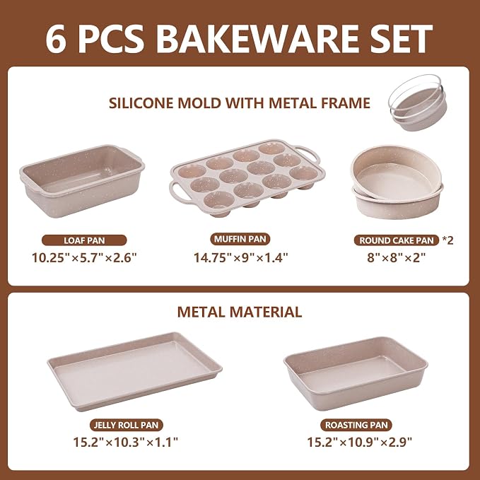 Vinino 6-Piece Baking Pans Set Nonstick, Bakeware Set includes Silicone Muffin, Loaf, Cake Pans with Metal Reinforced Frame. And includes Carbon Steel Roasting Pan, Cookie Sheet for Oven - Image 4
