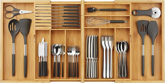 BAMEOS Expandable Silverware Drawer Organizer with Removable Knife Blocks, Bamboo Kitchen Utensil Holder from 21" to 36", Large Cutlery Tray with Divider for Forks, Spoons, Knives by BAMEOS