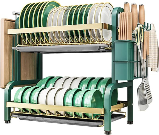 CAKERS Dish Drying Rack with Removable Drain Tray|Carbon Steel Dish Strainers for Kitchen Counter|Tableware Holder Dinnerware Drainer Organizer,Green-Gold,2 Tier-Main Shelf with Set by CAKERS