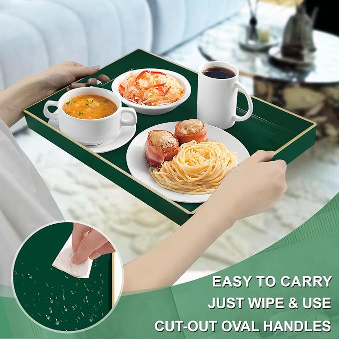 Dark Green Decorative Tray for Ottoman, Serving Tray with Handles | Plastic Coffee Table Tray, Modern Melamine Tray, Rectangle Countertop Organizer Tray for Living Room, 15.8"L x 10.2"W x 1.4"H - Image 3