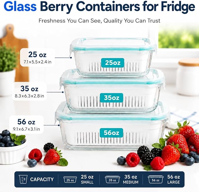Glass Berry Container for Fridge, 3 Pack, 56oz 35oz 25oz, with Removable Colander and Vent Valve, Fresh Produce Storage Set - Image 2