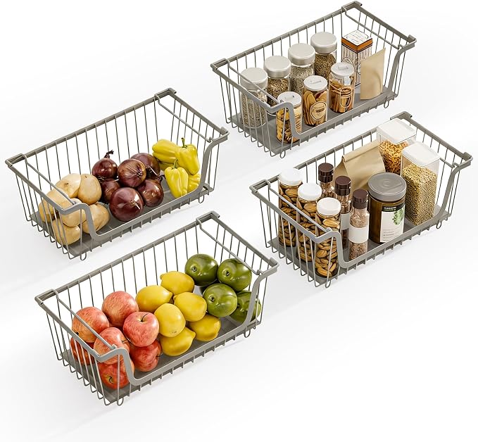 4 Pcs Stackable Wire Baskets for Pantry Organizers and Storage, Gray | Metal Baskets with Handles,Produce Potato Onion Storage Bin,Vegetable Fruit Basket for Countertop, Kitchen Storage - Image 8