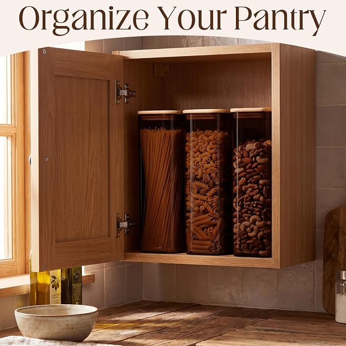 3 Pack 2.3 Qt Square Amber Glass Storage Jars with Lids, 74oz Tall Spaghetti Brown Glass Containers with Bamboo Lids for Pasta Noodles Flour Oat Cereal Sugar Beans Pantry Jar - Image 5