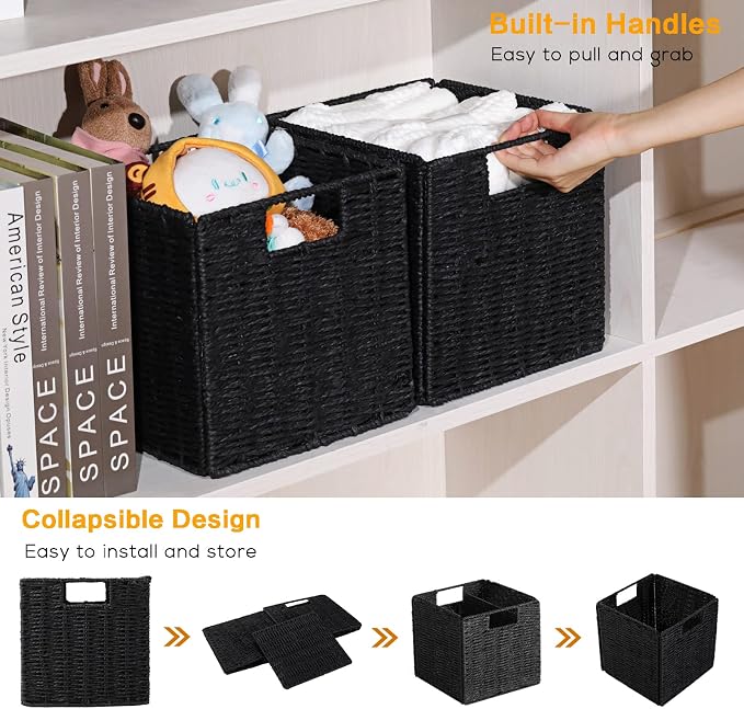 Wicker Baskets for Storage, Set of 4 Hand-Woven Storage Baskets for Shelves, Foldable Cube Storage Baskets Bins with Handles, Small Wicker Baskets for Organizing Pantry Bedroom, Black - Image 7