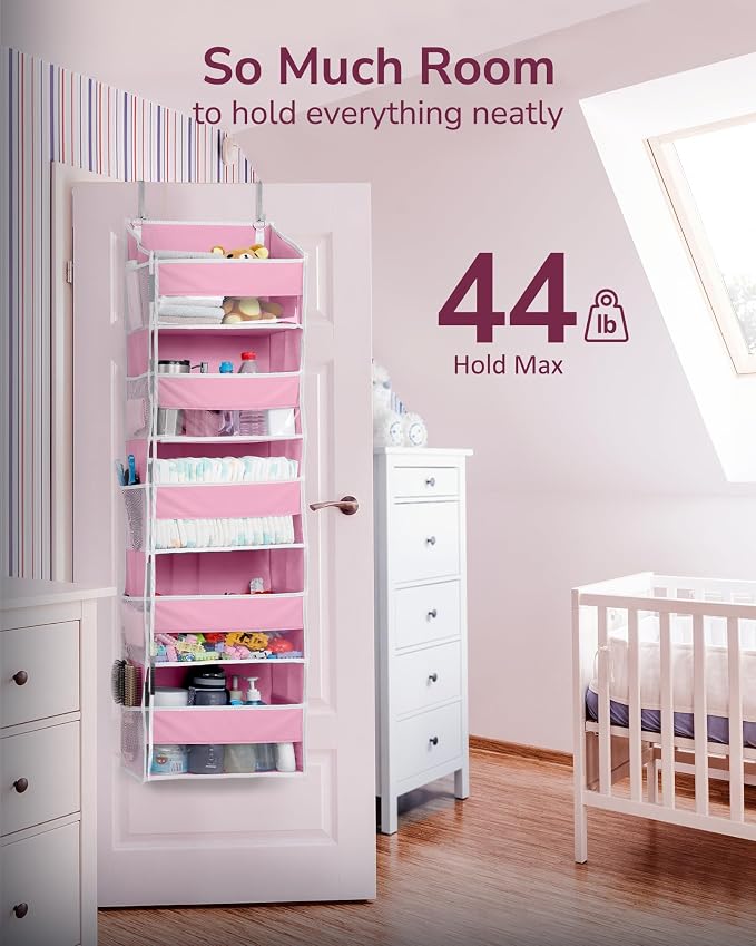 ULG 1 Pack Over Door Organizer with 5 Large Pockets 10 Mesh Side Pockets, 44 lbs Weight Capacity Hanging Storage Organizer with Clear Window Kids Toys, Shoes, Diapers, Pink - Image 7