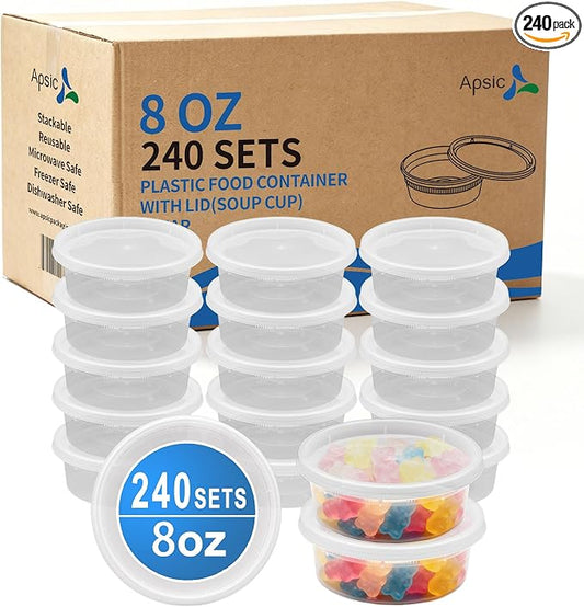 Plastic Deli Containers with Lids, 240 Sets 8 oz Leakproof Soup Cups | BPA-Free, Microwave Freezer Safe, Sturdy and Airtight, Crack-Proof for Takeout, Meal Prep, Slime, Leftovers Storage by Apsic